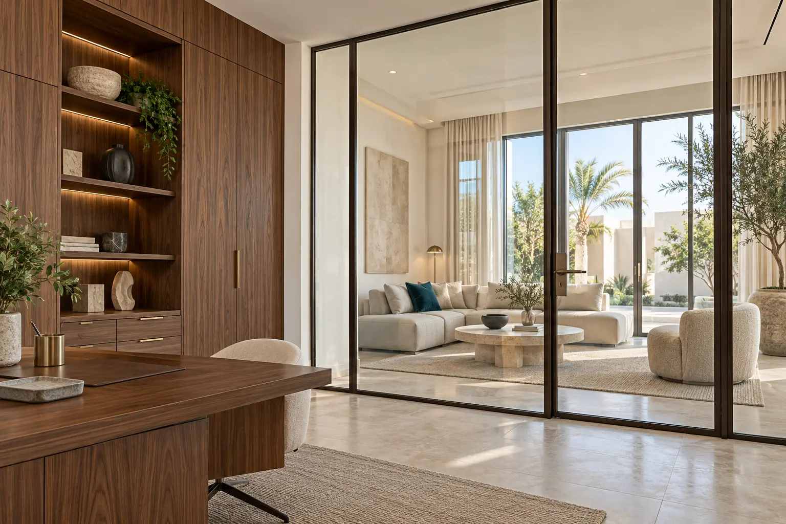 Concept of a refined interior with fitted walnut cabinetry and a slim framed glass partition