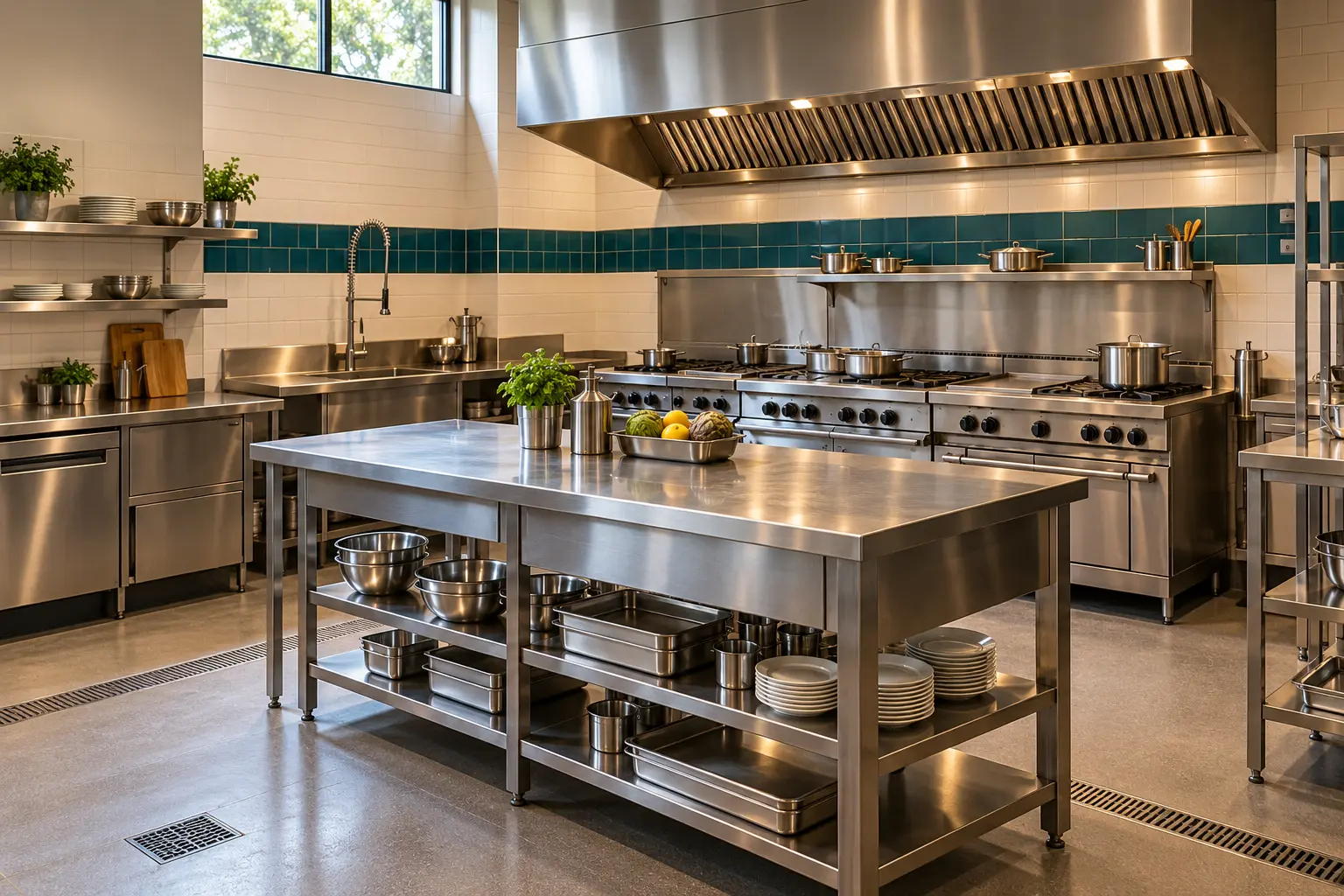 Concept of a finished commercial kitchen with stainless steel preparation stations, worktops and extraction canopy