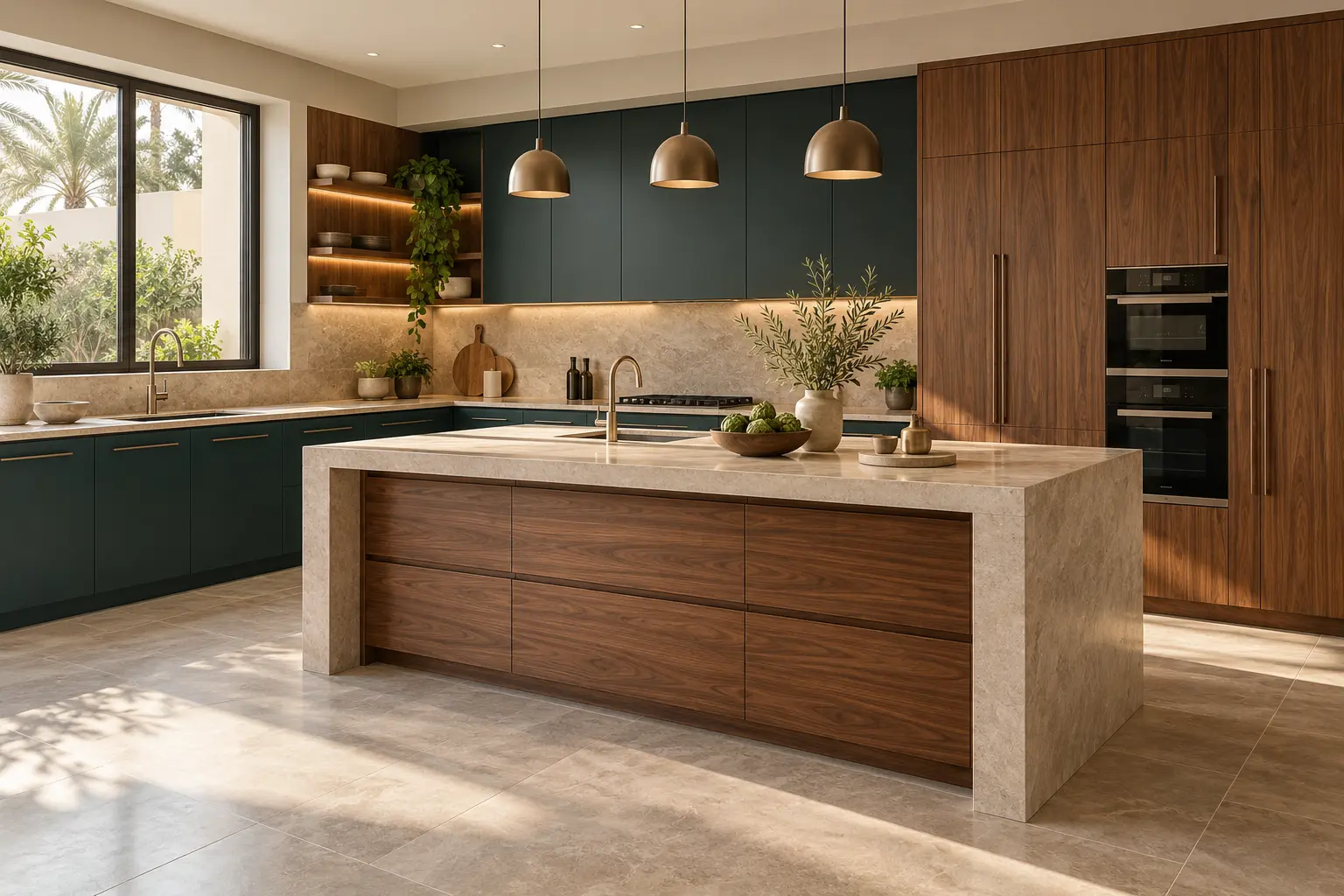 Concept of a contemporary fitted kitchen with teal cabinetry, walnut pantry units and a light stone island