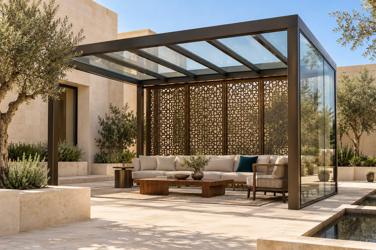 Concept of a fabricated metal courtyard pergola with a glass roof and geometric privacy screen