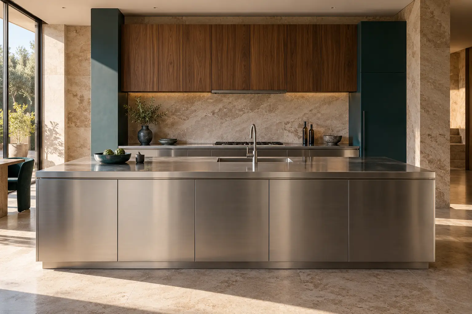 Concept of a bespoke kitchen with a brushed stainless steel island and walnut cabinetry