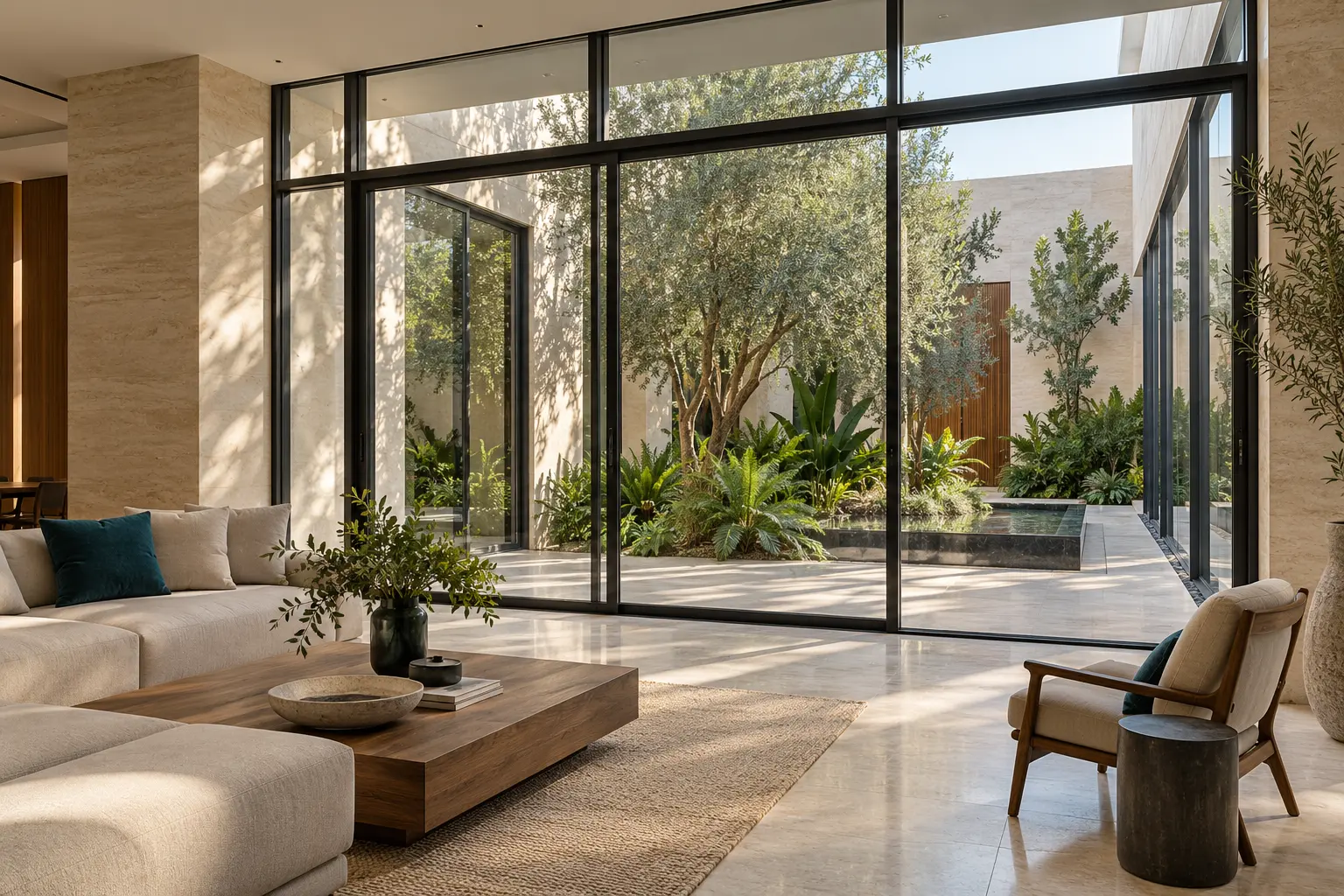 Concept of a bright living room with precise dark window frames opening onto a planted courtyard