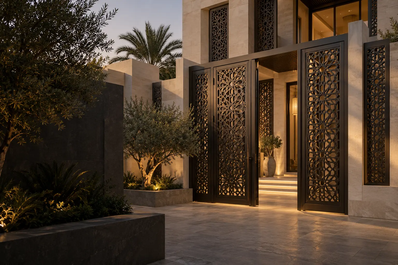 Concept of geometric bronze metal gates with warm limestone architecture