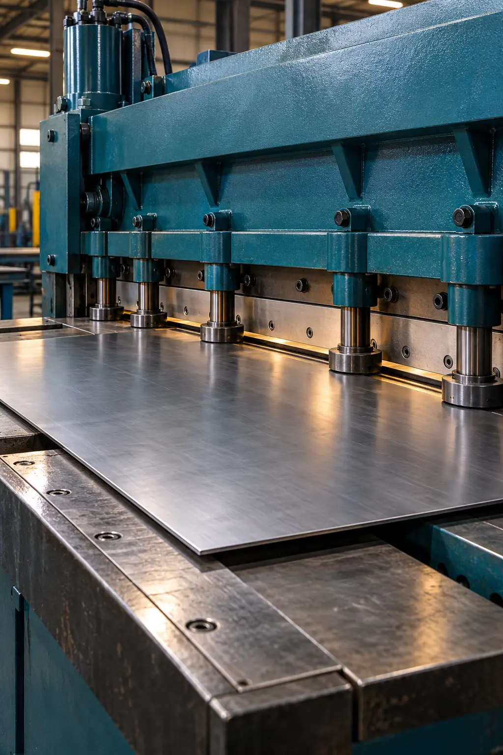 Illustrative concept of a hydraulic guillotine shear cutting a straight edge in a flat steel sheet