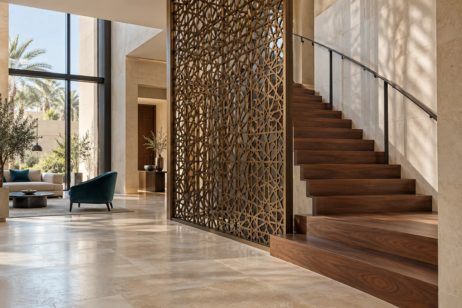 Concept of a walnut staircase with crafted steel rails and a decorative bronze screen
