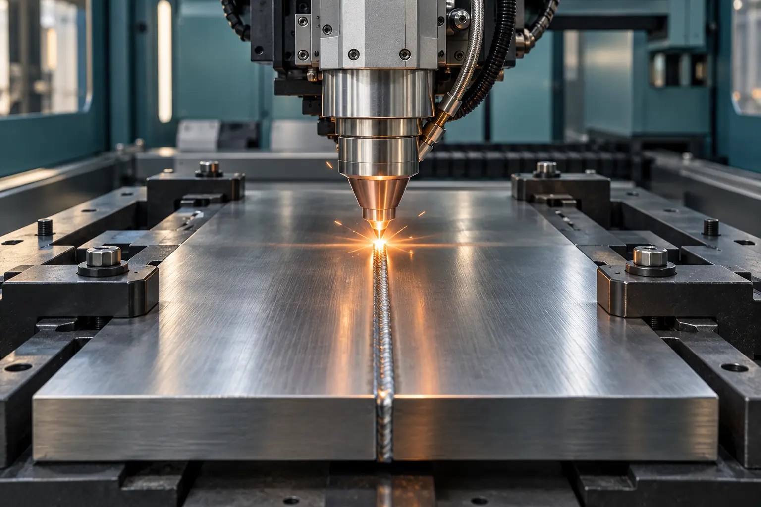 Illustrative concept of a laser welding head joining stainless steel components along a precise seam