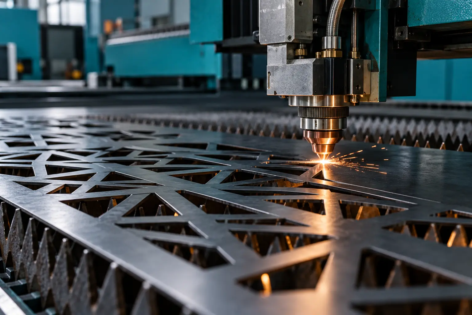 Illustrative concept of precision laser cutting a geometric pattern in a steel sheet