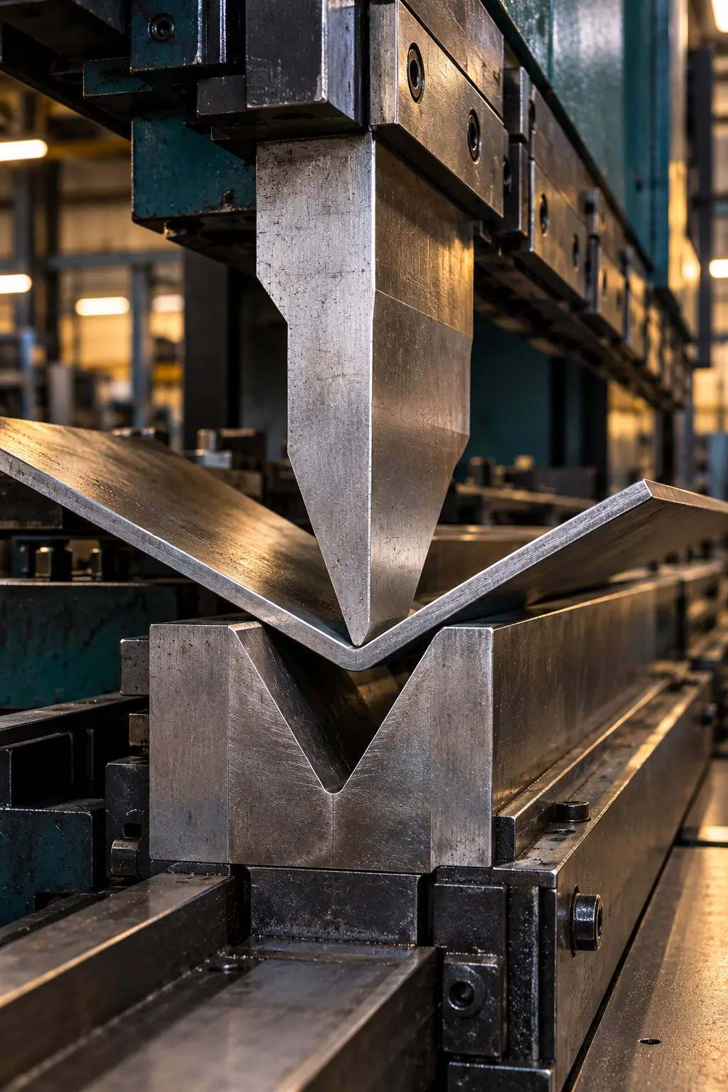 Illustrative concept of a CNC press brake bending a metal sheet between an upper punch and a V-shaped die