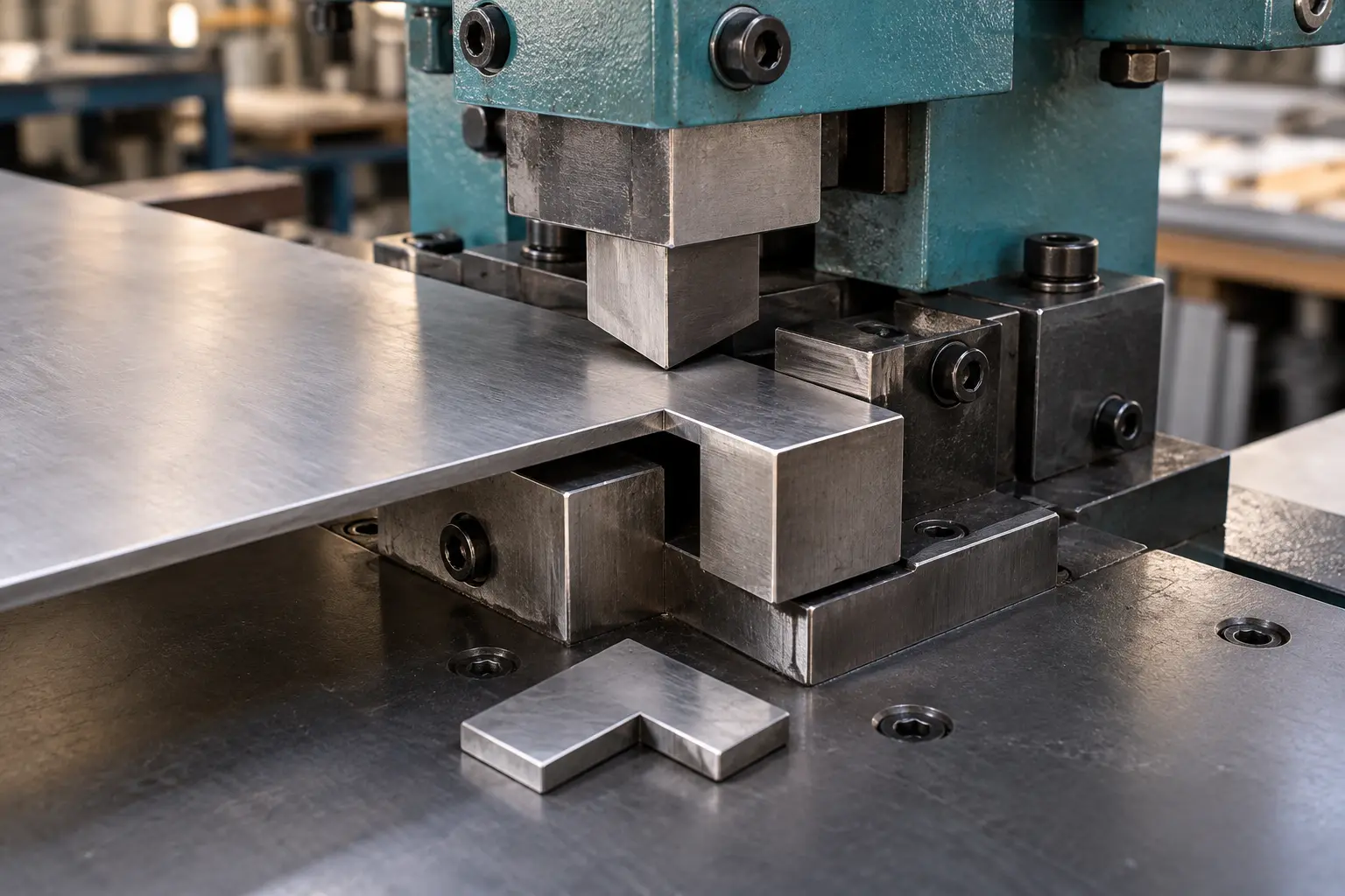 Illustrative concept of a mechanical notching machine forming a right-angle corner cut in a steel sheet
