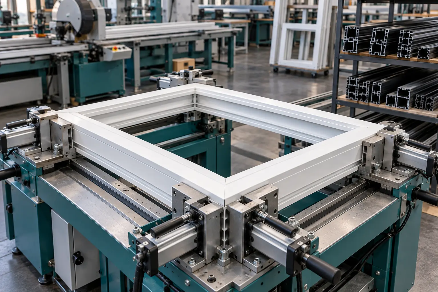 Illustrative concept of a white UPVC window frame held in corner clamps on a fabrication workstation